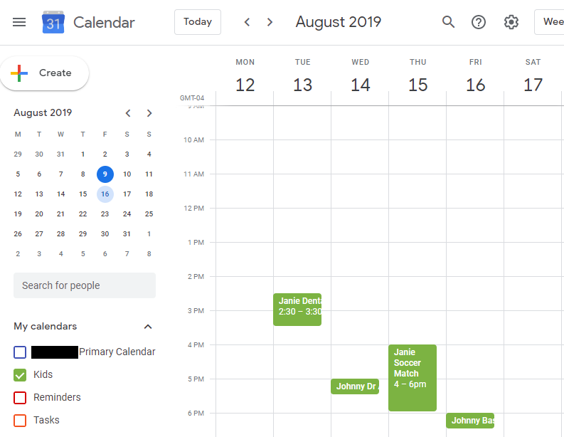 Screenshot of shared Google calendars
