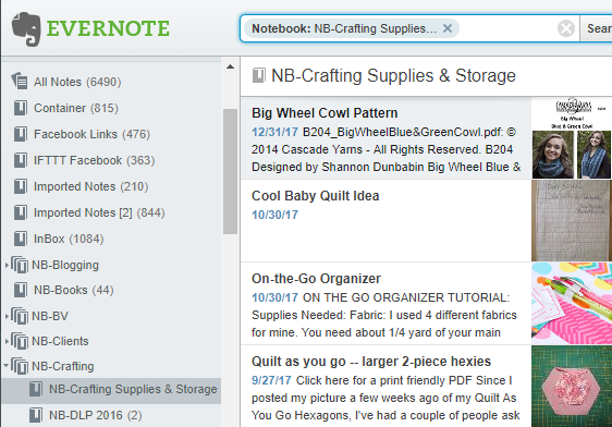 Screenshot sample of Evernote menu of notebooks and notes
