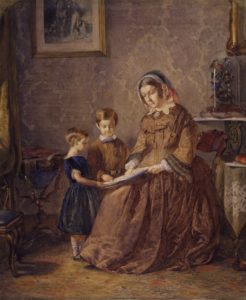 Antique painting of mother reading to her children