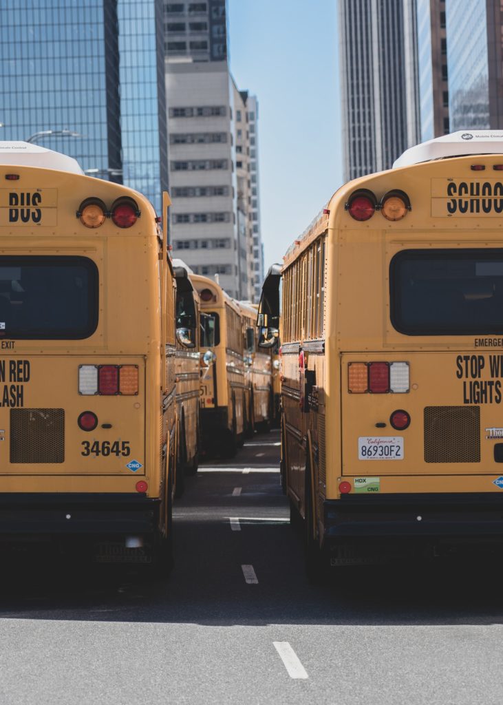 Shows rows of yellow school buses